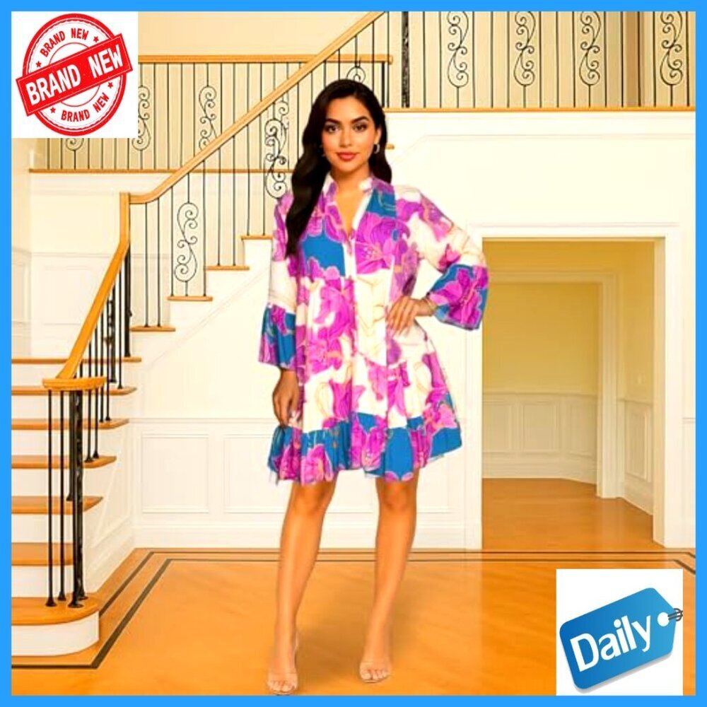 Floral Print Button Down Shirt Dress Long Sleeve Mini Midi Casual Work - Picture 2 of 6